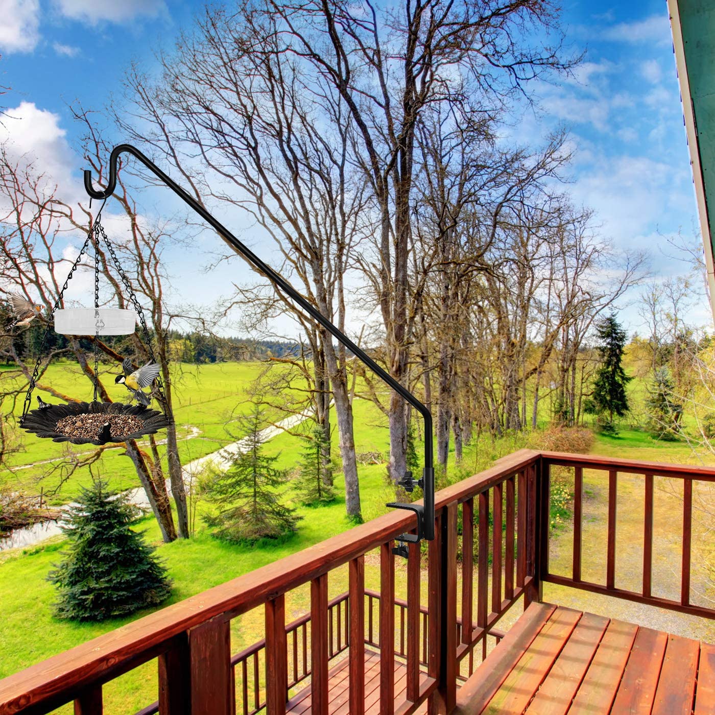 MIXXIDEA extended pole with bird feeder demonstrating distance from rail benefit