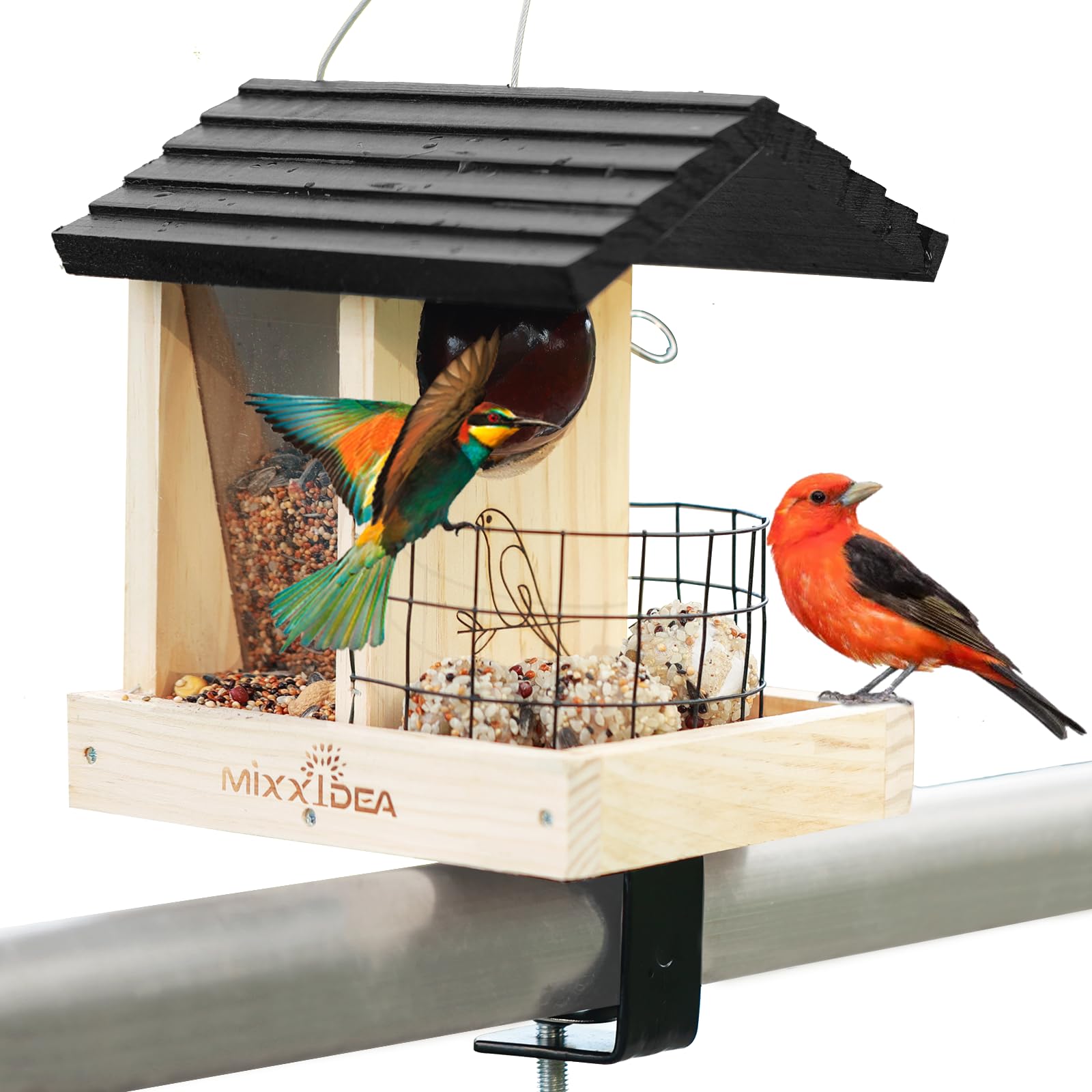 MIXXIDEA feeder mounted on railing showing stable clamp and quick installation benefit
