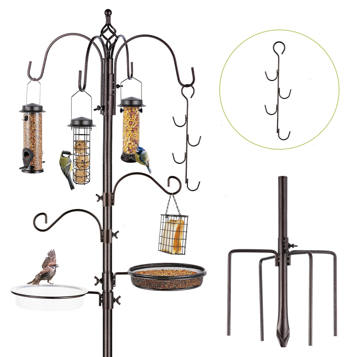 MIXXIDEA front view of full feeder station showing six hooks and pole, attracts more birds