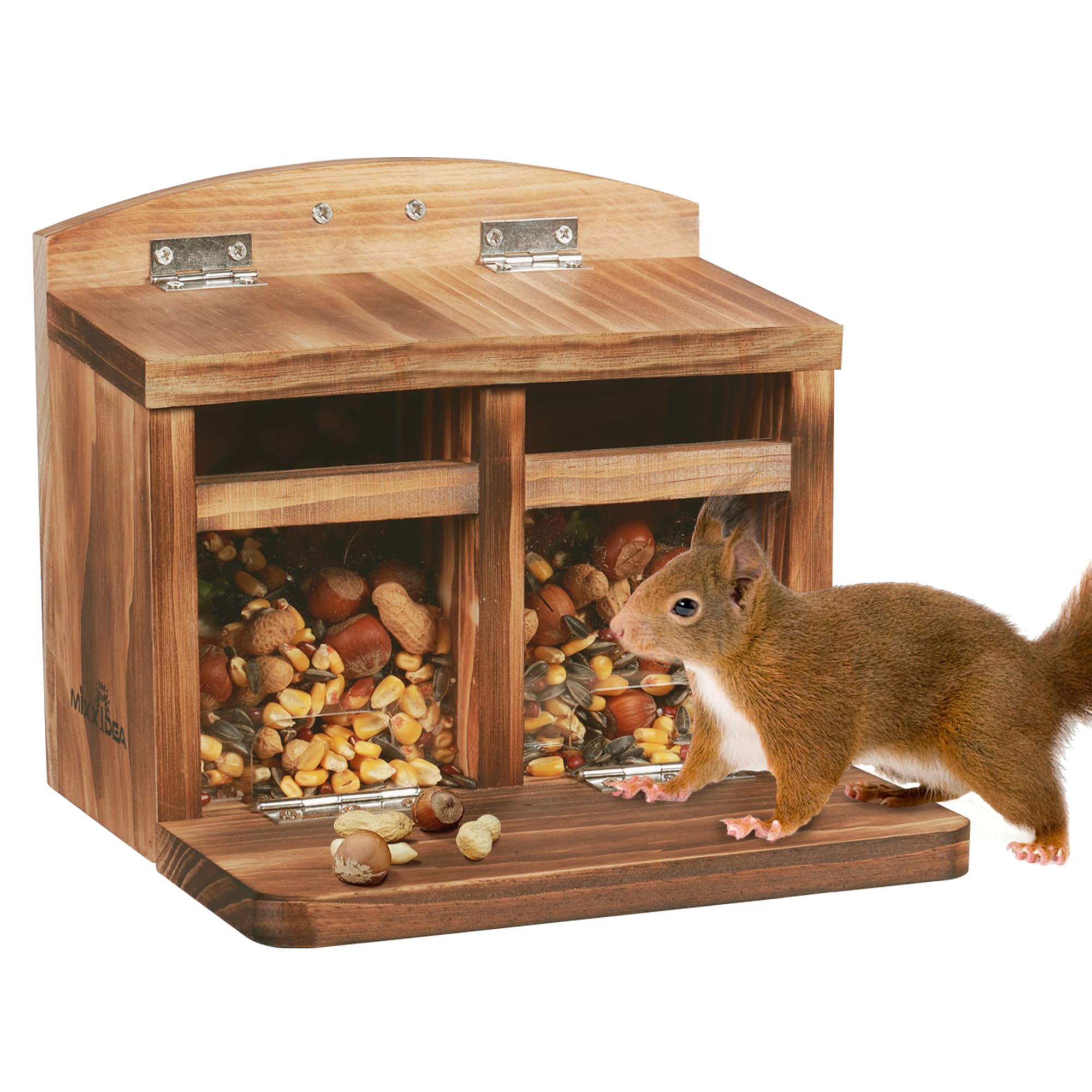 MIXXIDEA front view of wooden squirrel feeder showing tray and roof, great curb appeal