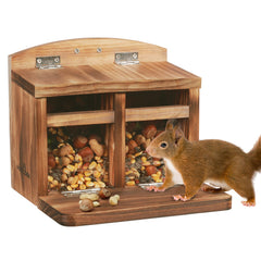 MIXXIDEA front view of wooden squirrel feeder showing tray and roof, great curb appeal