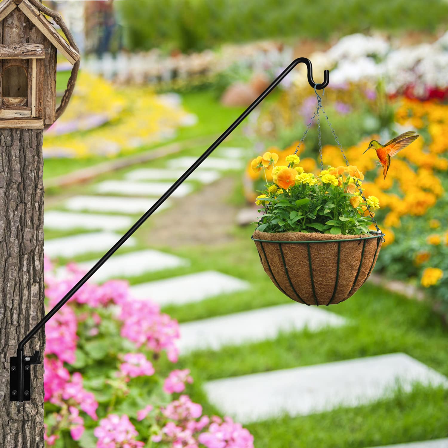 MIXXIDEA bracket mounted outdoors with bird feeder showing benefit of safer feeder placement