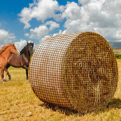 MIYABALA front view of packaged 5x5 hay net showing product and benefits