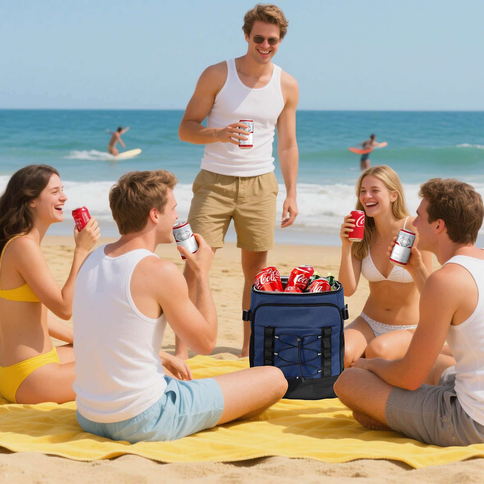 MIYCOO backpack on beach picnic setup showing hands-free cooling benefit