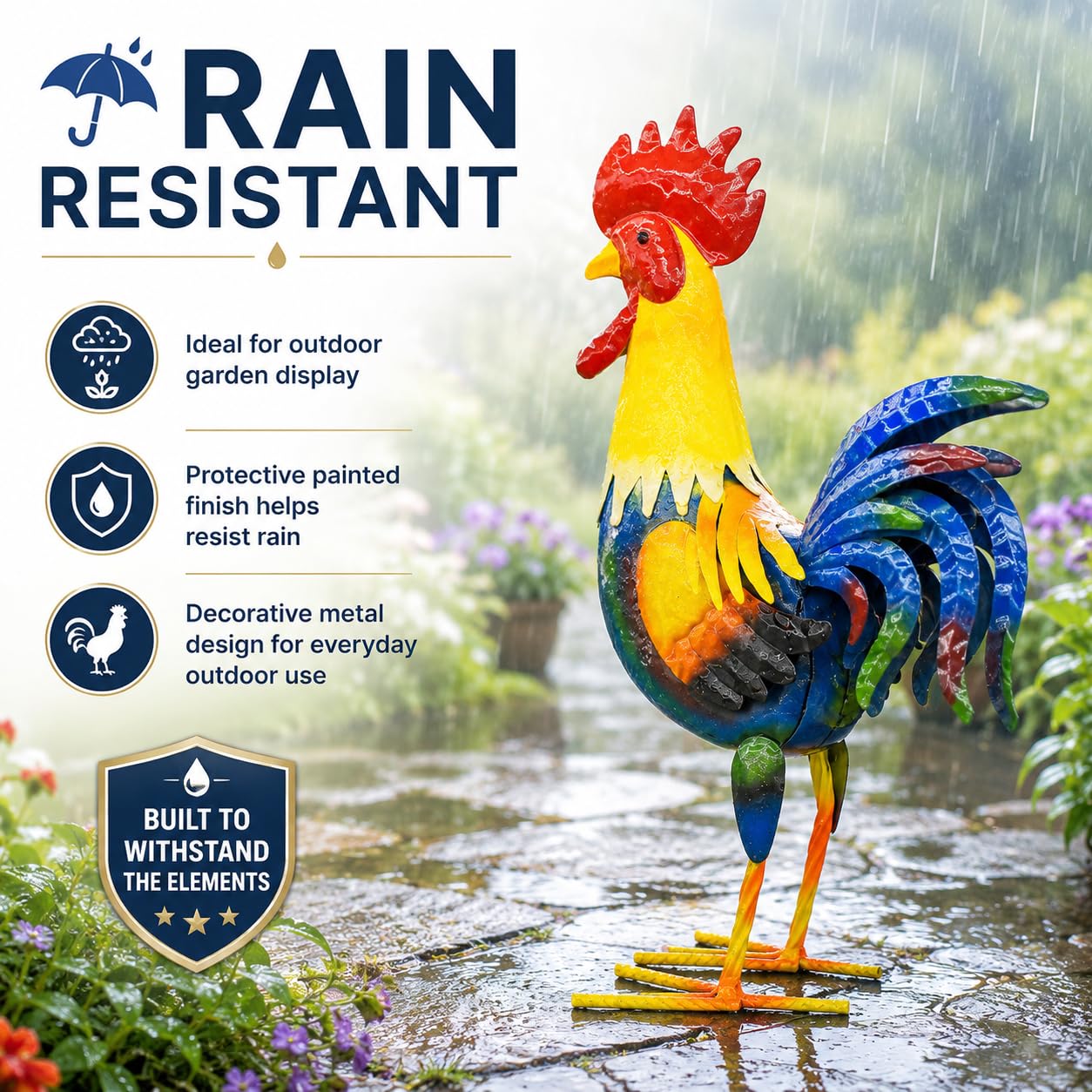 Miyolo rooster placed in garden bed showing pop of color and durability
