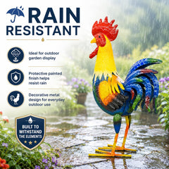 Miyolo rooster placed in garden bed showing pop of color and durability