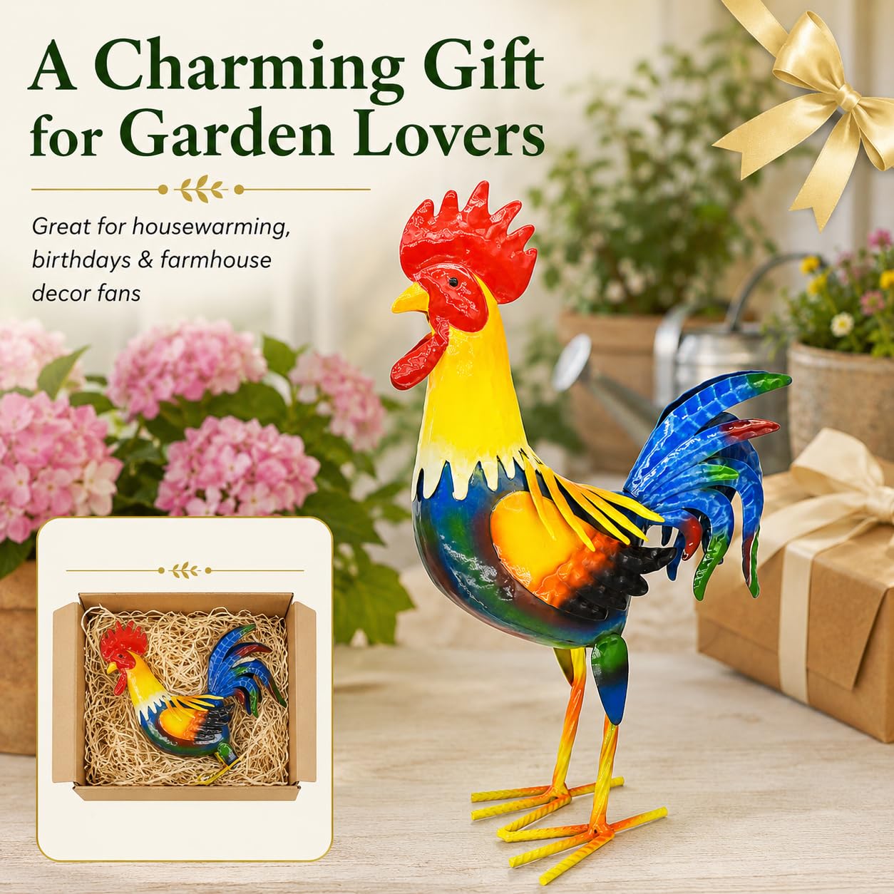 Miyolo rooster in packaging demonstrating ready-to-display no-assembly benefit