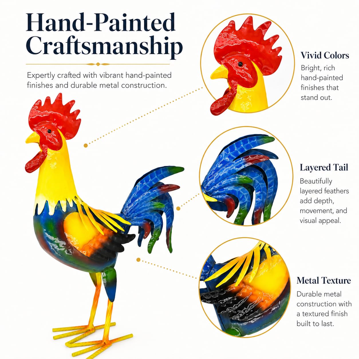 Miyolo rooster held next to hand for scale showing compact 14-inch size