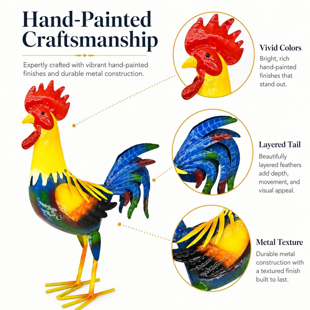 Miyolo rooster held next to hand for scale showing compact 14-inch size