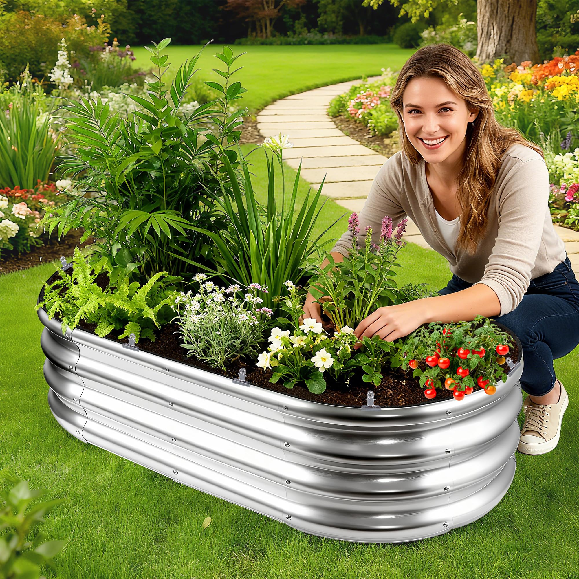Mizelu lifestyle patio garden showing liners growing vegetables and saving space
