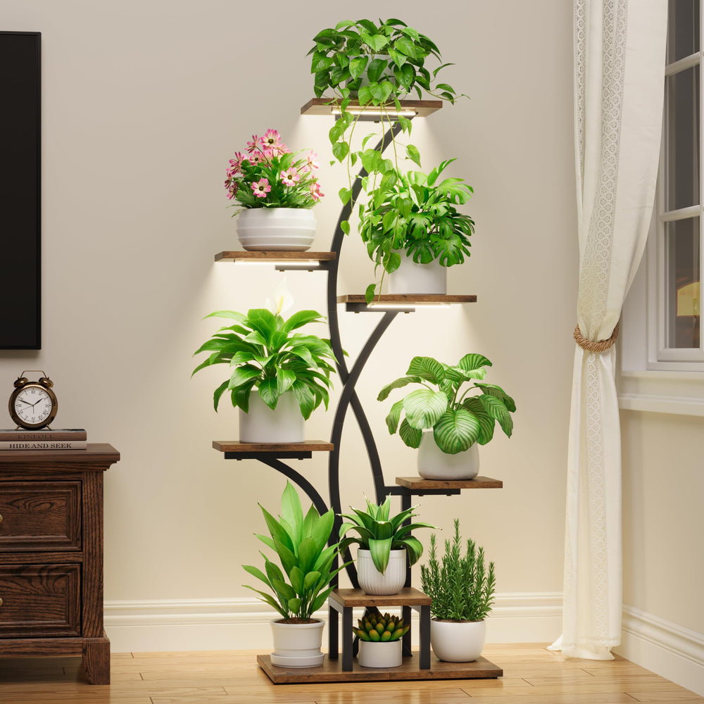 MJOMKN front view of 7-tier corner plant stand showing organized pots and space-saving benefit