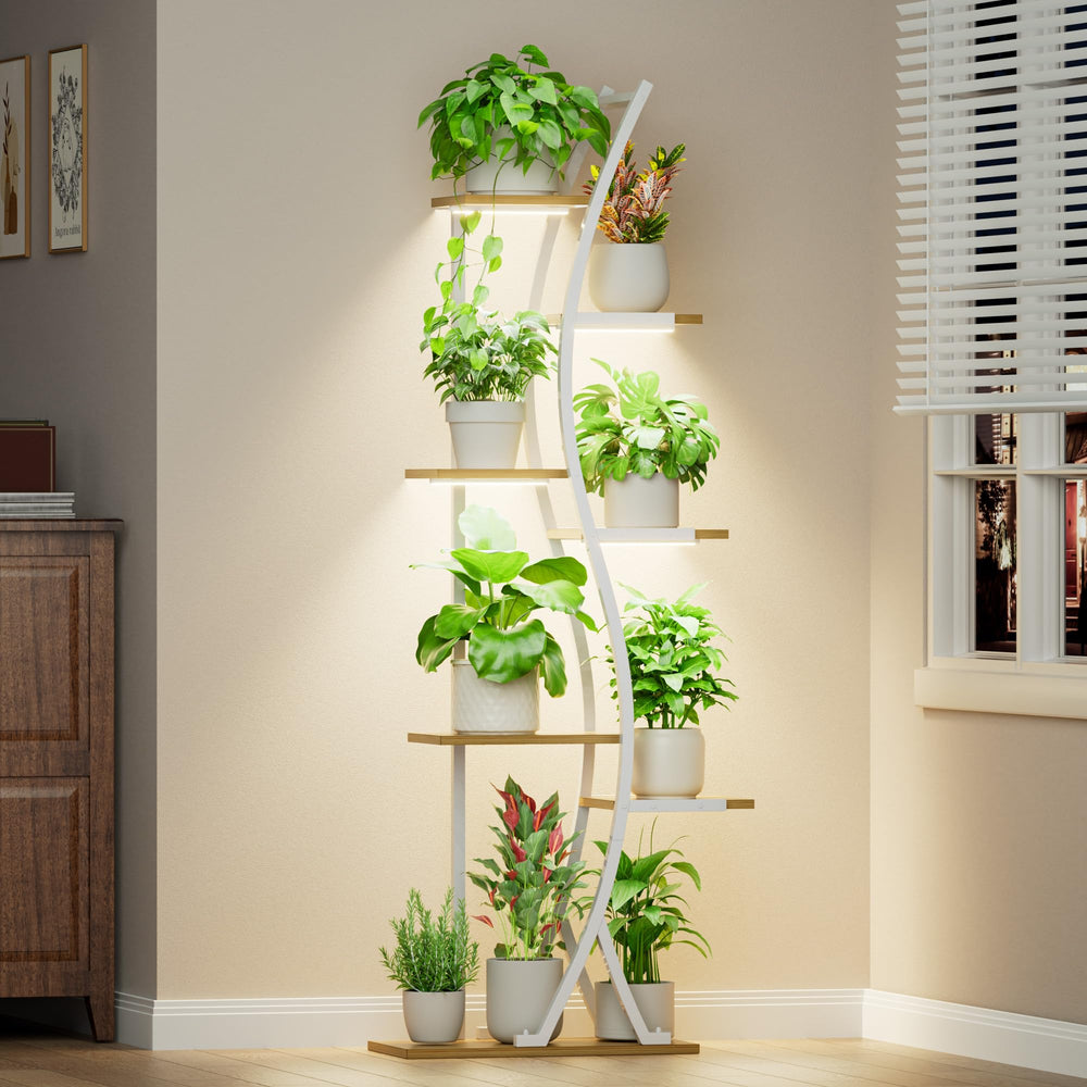 MJOMKN front view of 62-inch 7-tier plant stand showing organized pots and lights for stylish display