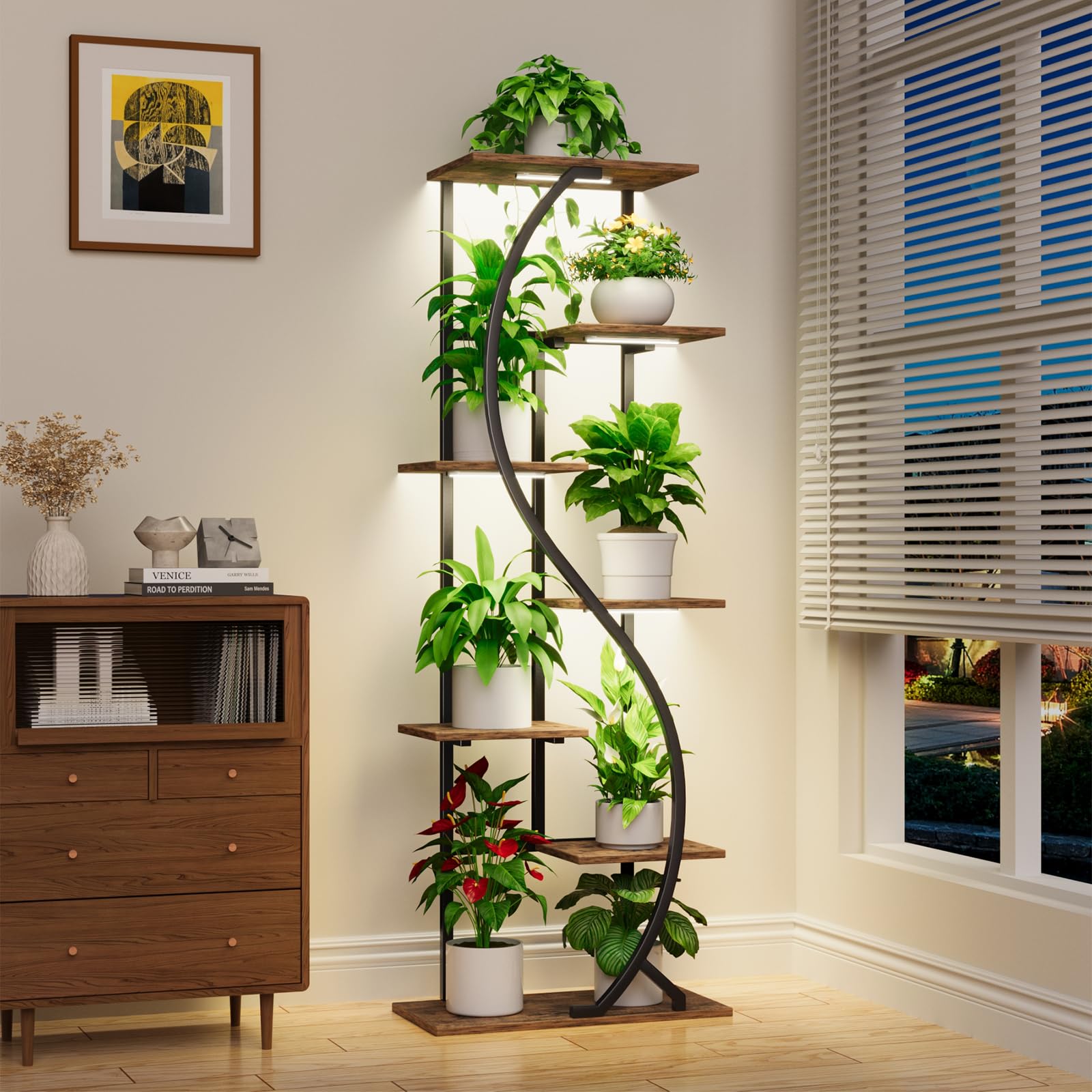 MJOMKN front view of full 59-inch plant stand showing tiers and lights, maximizing vertical display