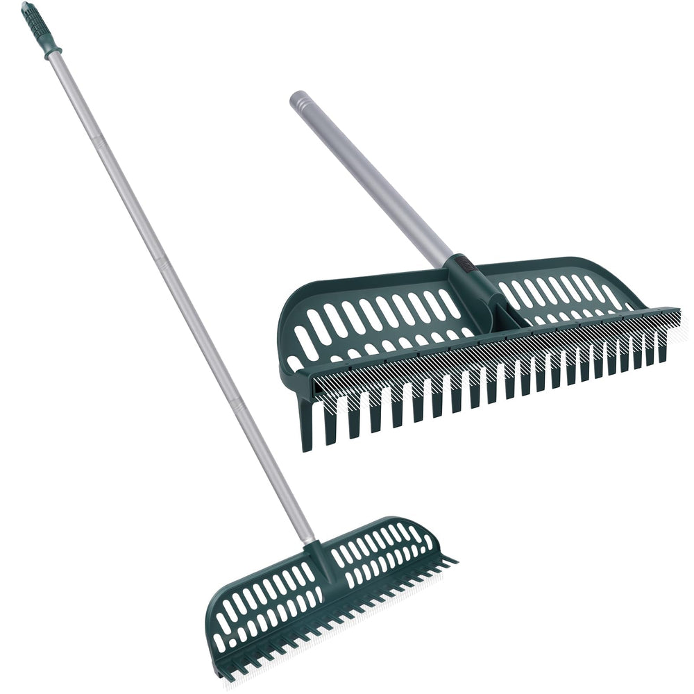 MJZ front view of the 2-in-1 artificial turf rake showing full 18-inch head benefits fast coverage