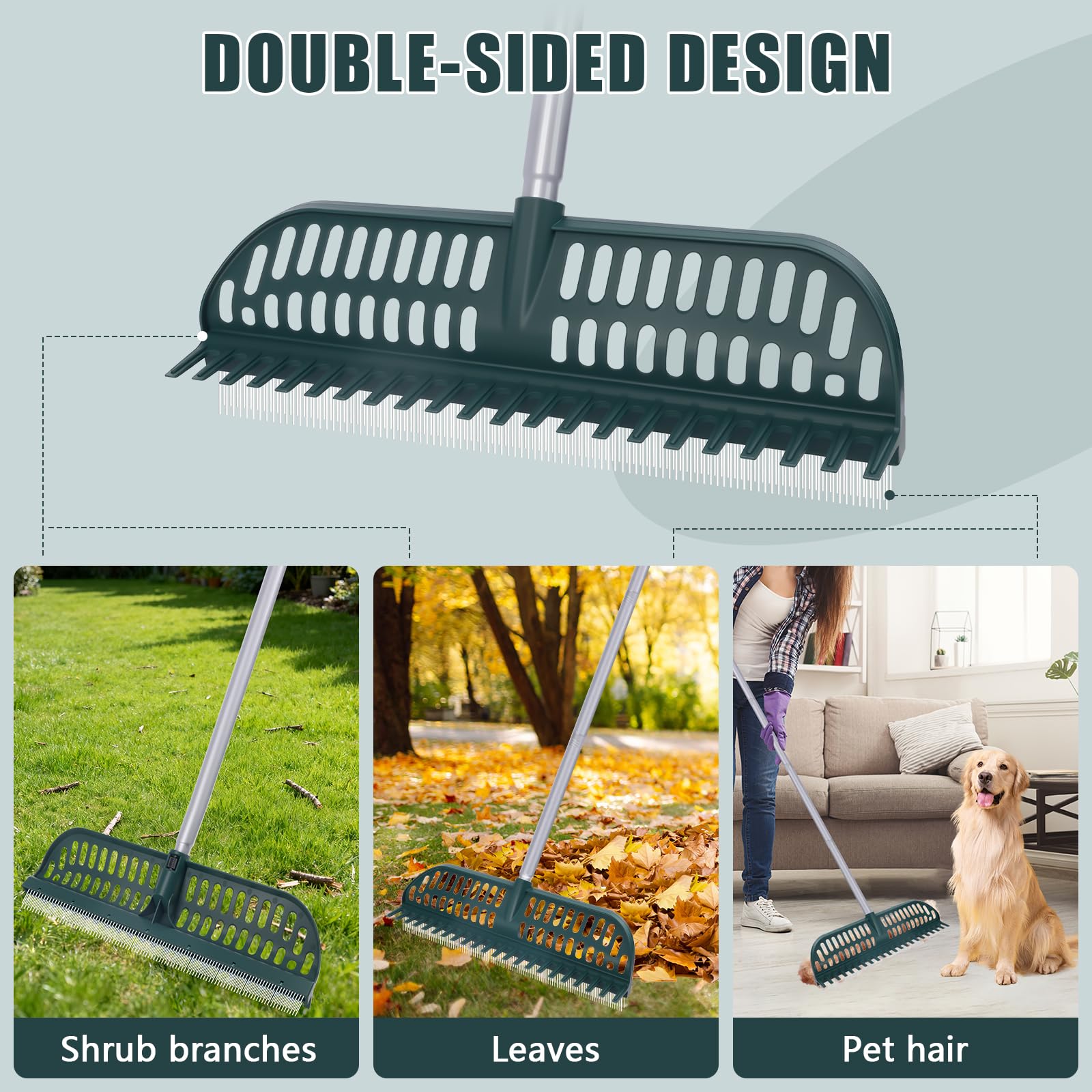 MJZ closeup of dense PA bristles lifting leaves and pet hair for gentler cleaning