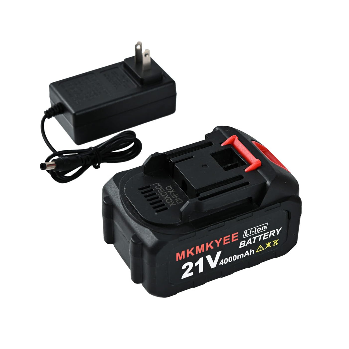 MKMKYEE front packaging showing battery and charger, clear product presentation and benefits