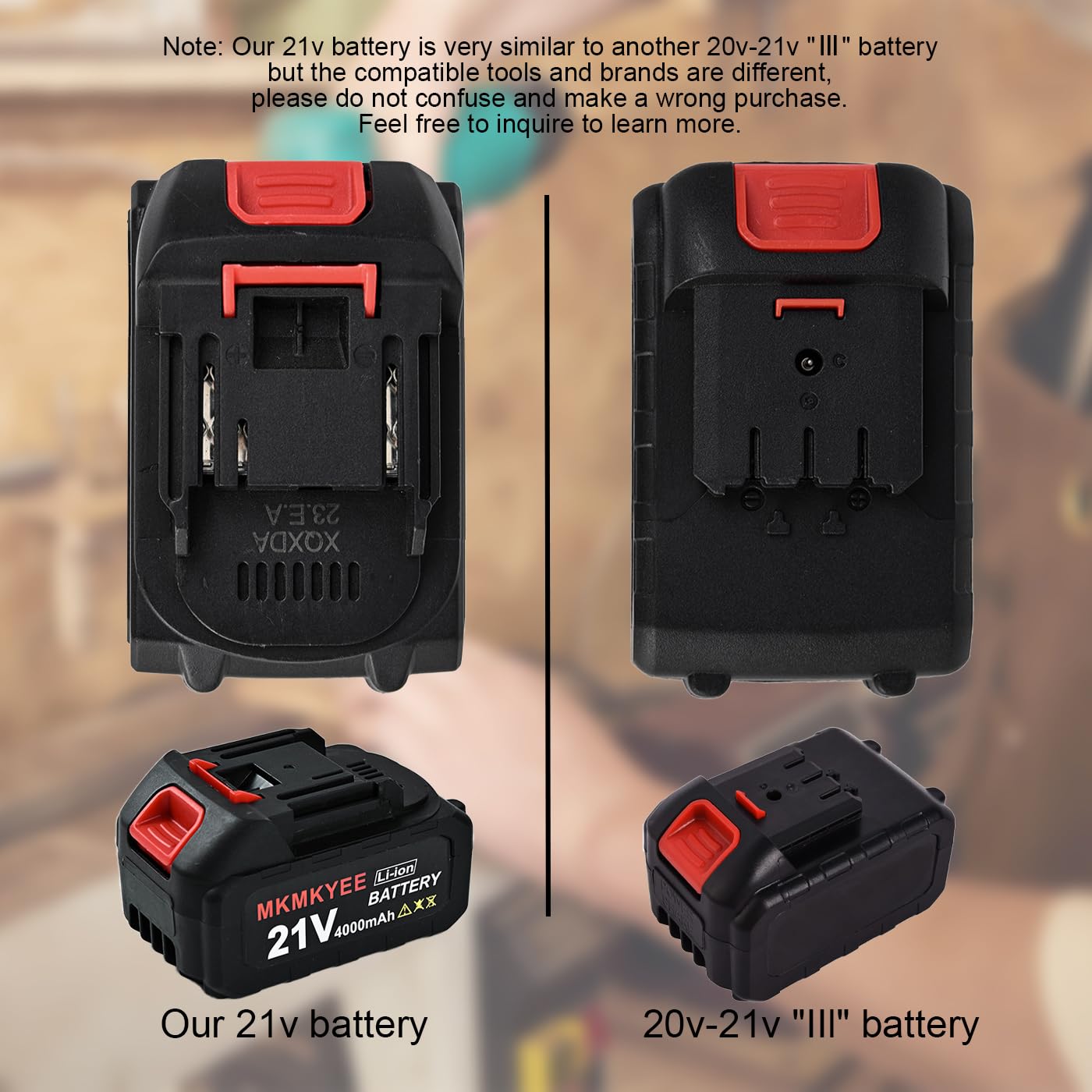 MKMKYEE battery beside a hand for size scale showing compact, lightweight design