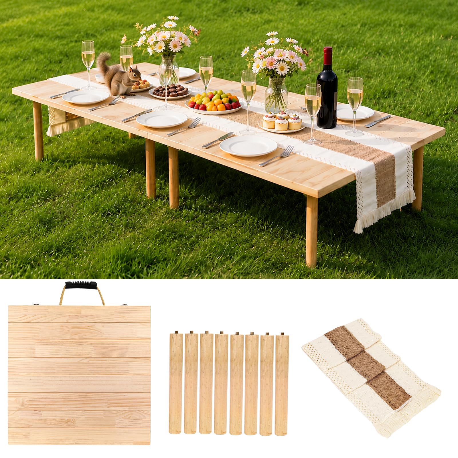 MLLNFUE front view low picnic table showing boho look and stable platform