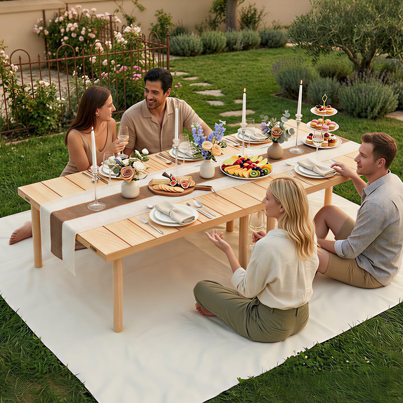 MLLNFUE tabletop styled with runner and dishes illustrating entertaining use