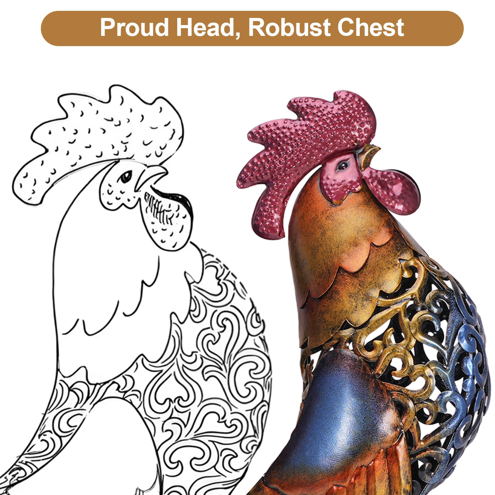 Mloarts rooster placed in garden bed delivering focal outdoor interest
