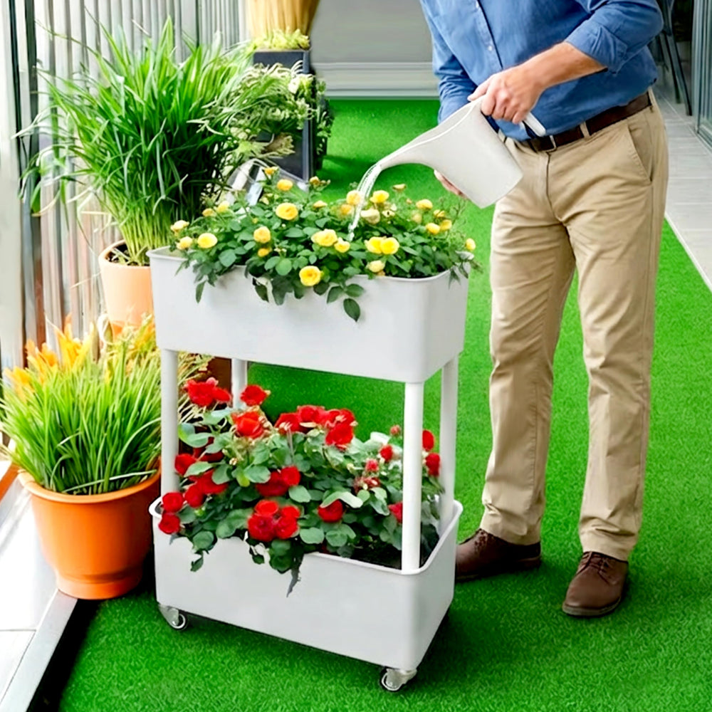 MNKXL planter beside chair for scale showing compact footprint and elevated comfort