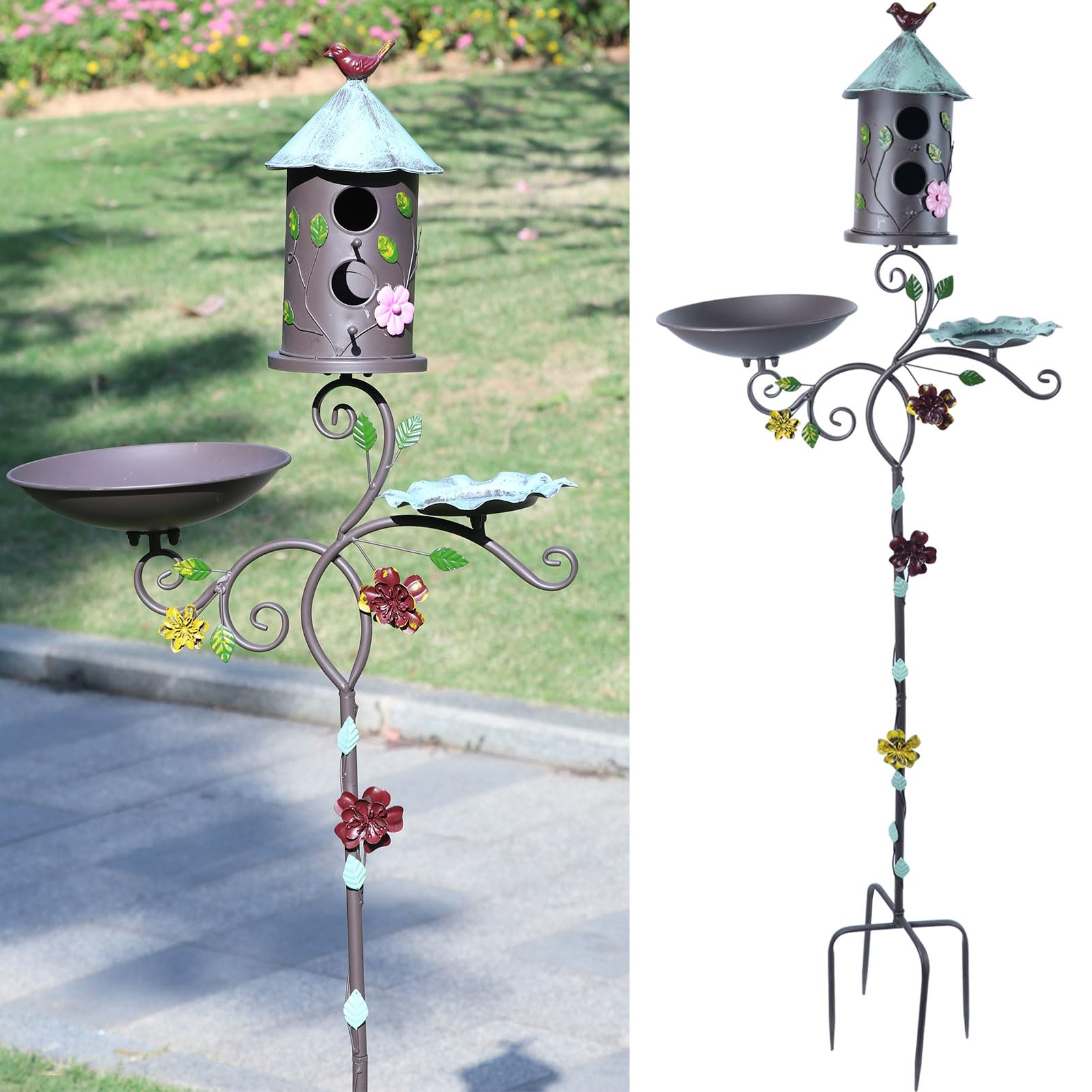 MNRYLKB front view of 3-in-1 birdhouse pole showing integrated bath benefit
