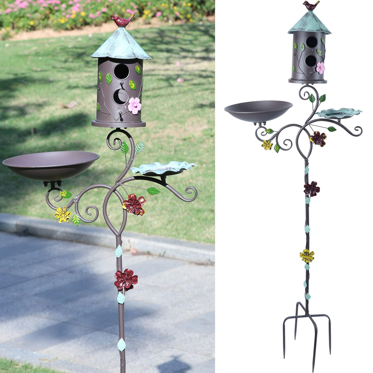 MNRYLKB front view of 3-in-1 birdhouse pole showing integrated bath benefit