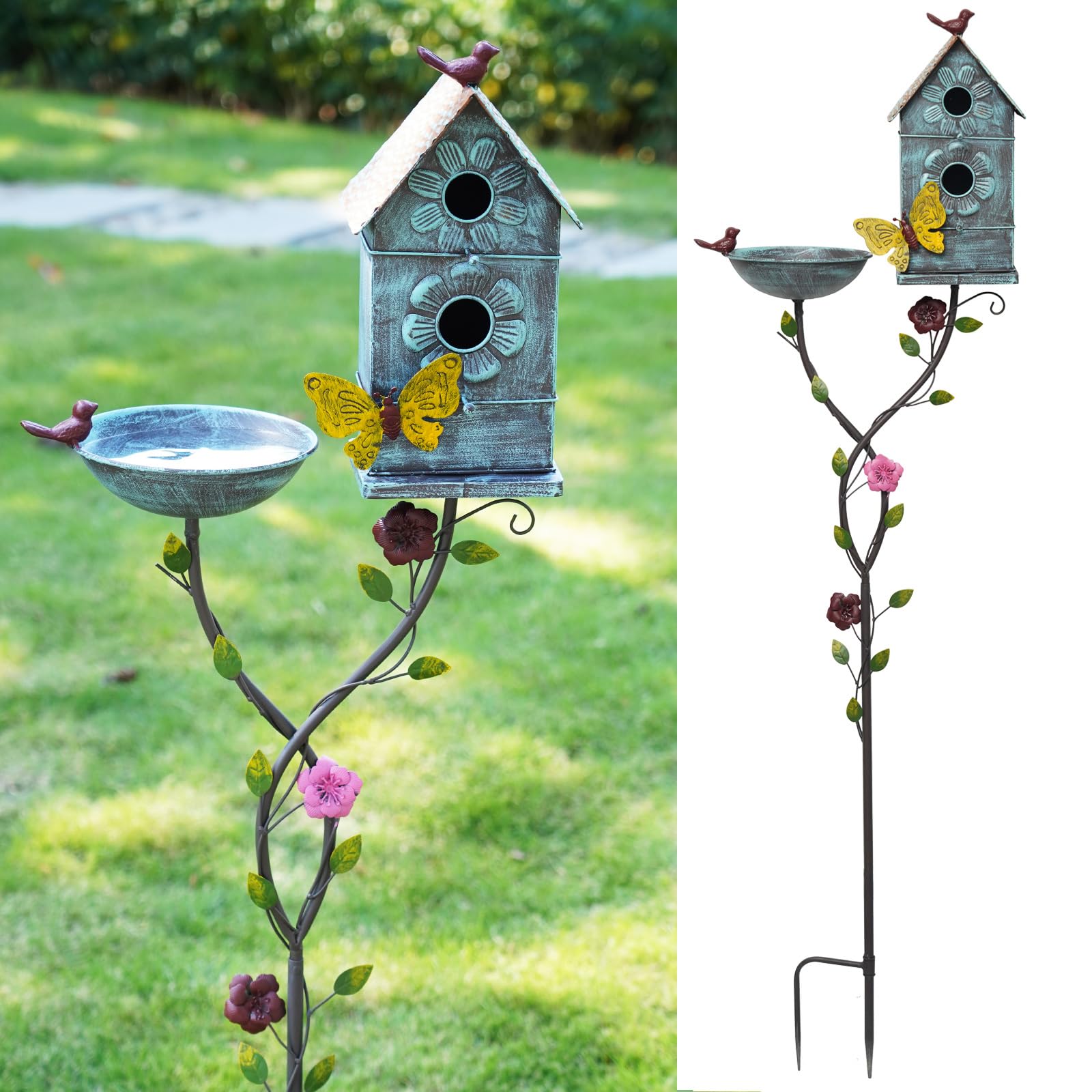 MNRYLKB front view of metal bird bath and birdhouse for garden appeal