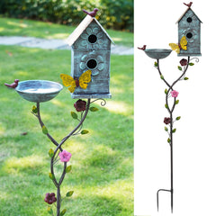 MNRYLKB front view of metal bird bath and birdhouse for garden appeal