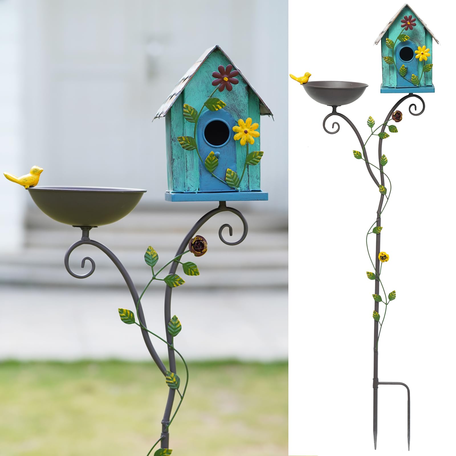 MNRYLKB front view of metal bird bath and birdhouse showing decorative leaves