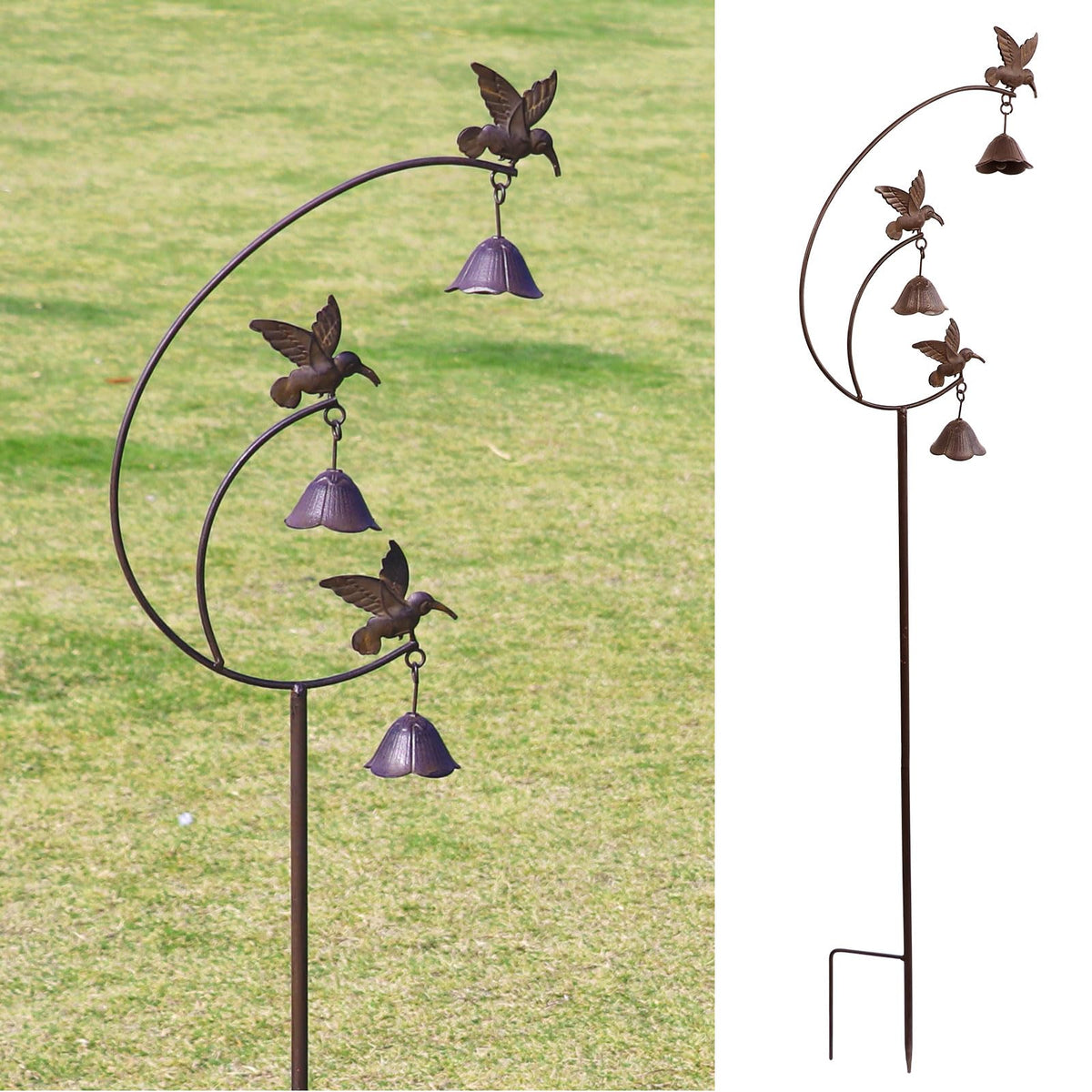 MNRYLKB front view of metal hummingbirds stake showing full height and design, adds garden charm