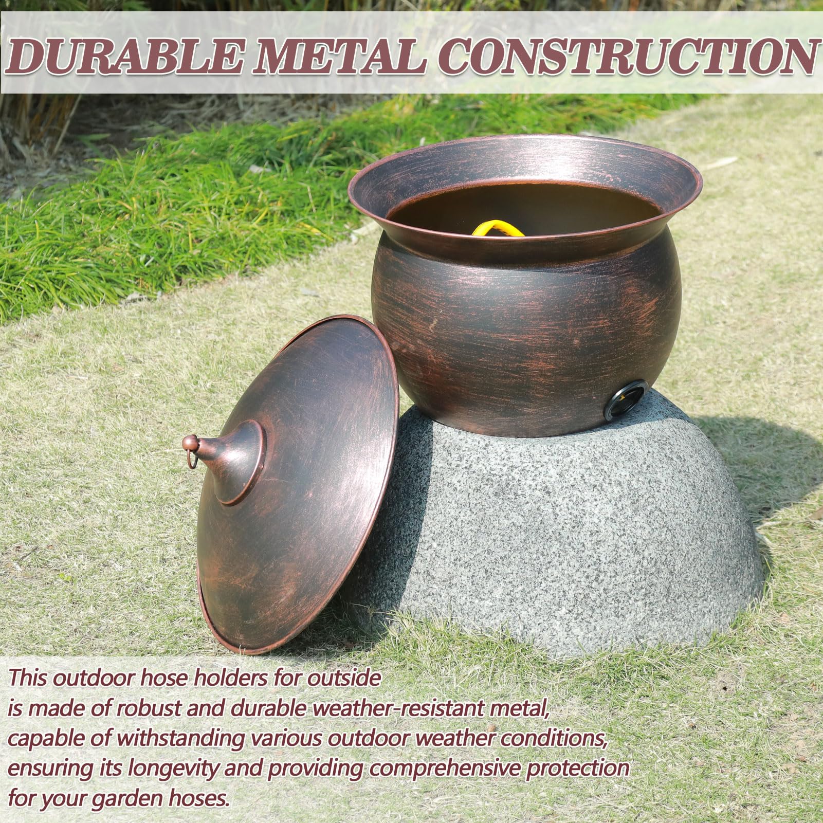 MNRYLKB pot beside flower bed in use adding decor and hose protection