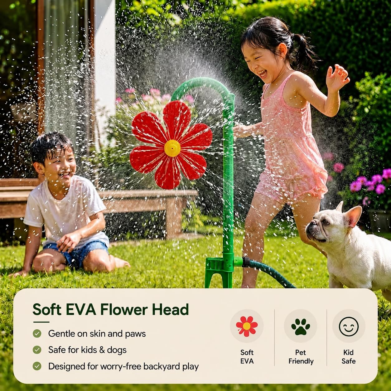 MTNTOEFMT soft flower head close-up illustrating durable, pet-friendly sprinkler nozzle