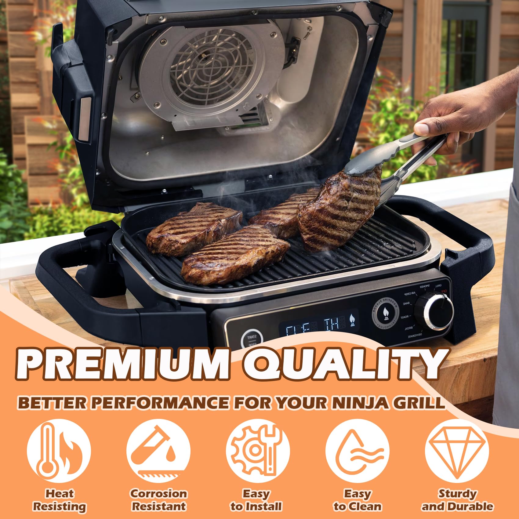 MOASKER searing steak on griddle showing even browning and professional marks