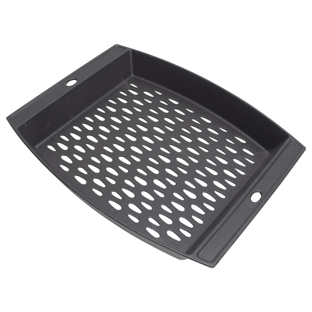 MOASKER front view of cast iron grill basket showing sturdy build and cooking area