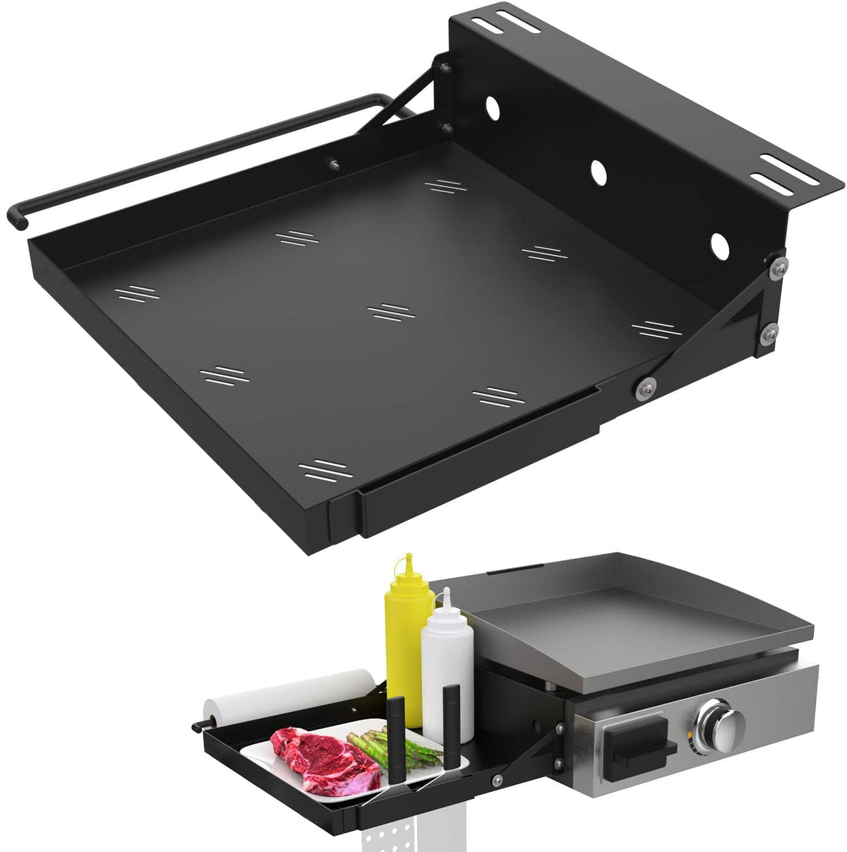 MOASKER front shelf on Blackstone griddle showing extra prep space and easy access