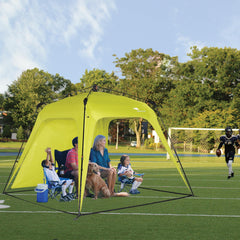 Mobihome canopy in use at beach providing shelter and cooling shade