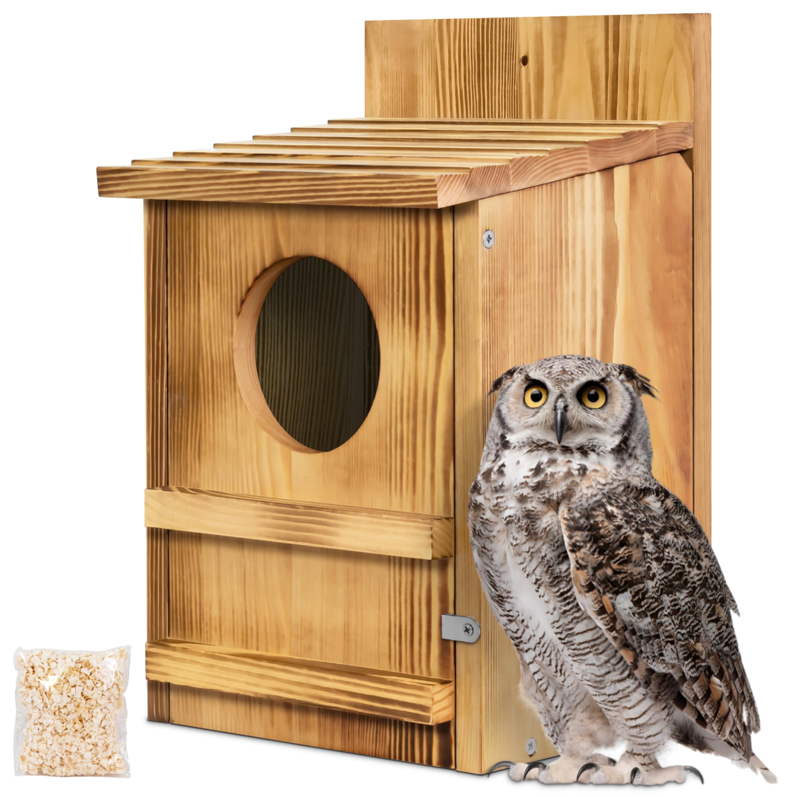 MOBYKE front view of brown barred owl house showing entrance and roof, promotes safe shelter