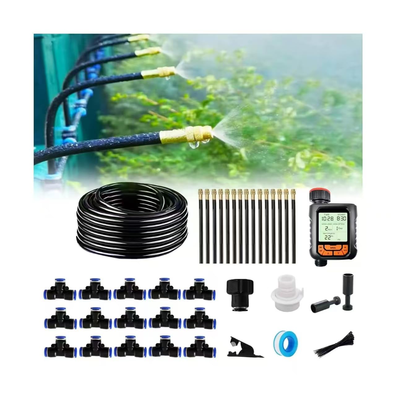 MOCOBER front view of complete irrigation kit showing included parts and benefits