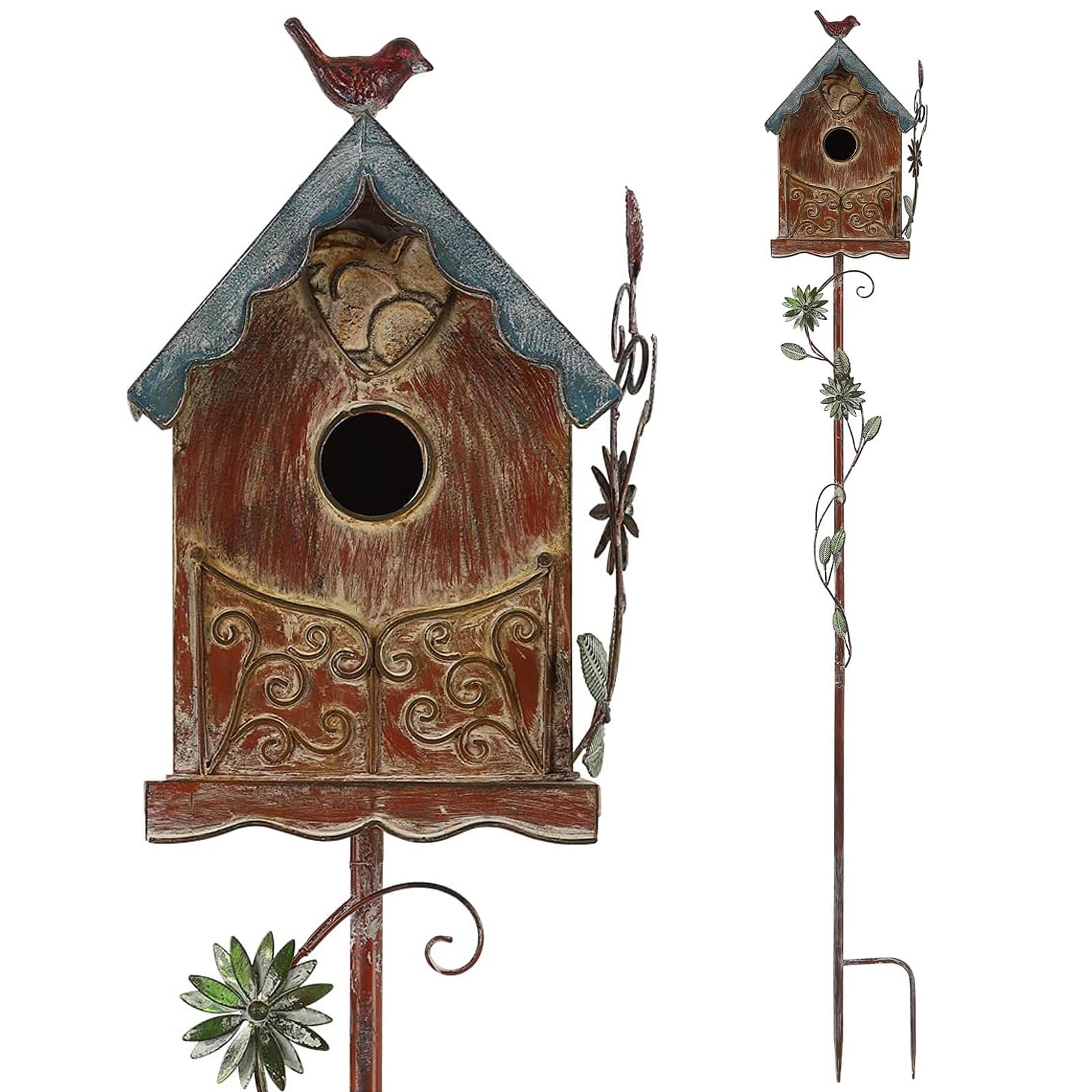 MOCOME front view of baroque cottage birdhouse stake, adds vintage charm