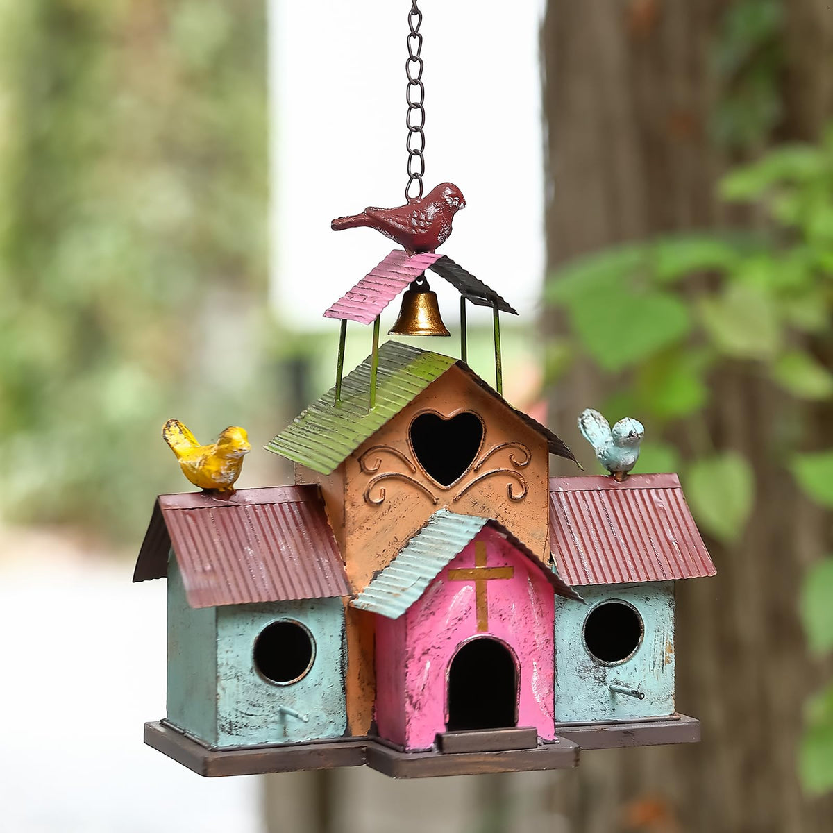 MOCOME front view colorful birdhouse showing four holes and rustic charm, enhances curb appeal