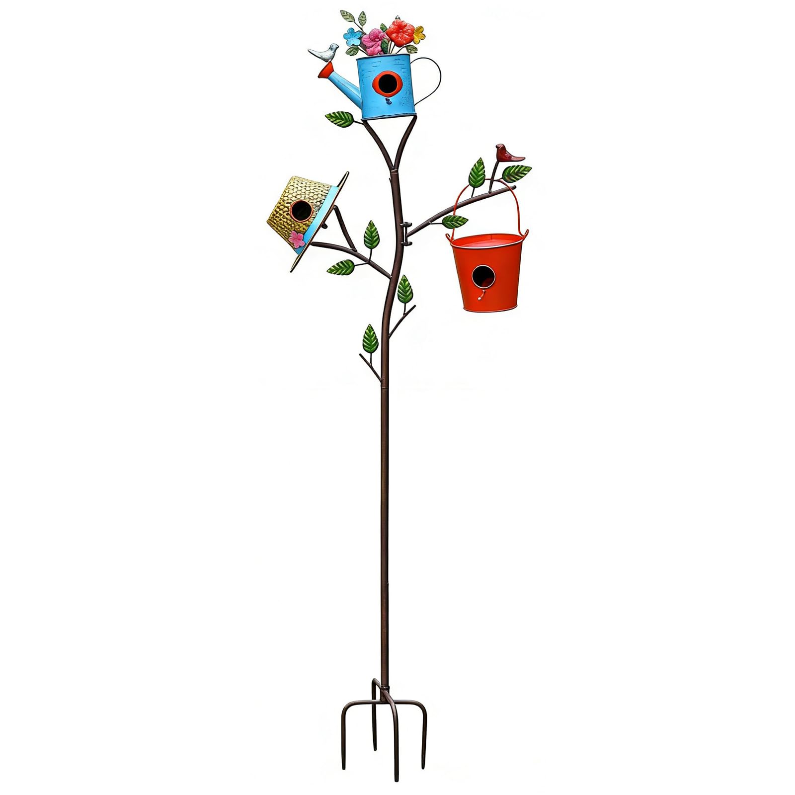 MOCOME front view of three colorful birdhouses on a sturdy garden stake for decorative appeal