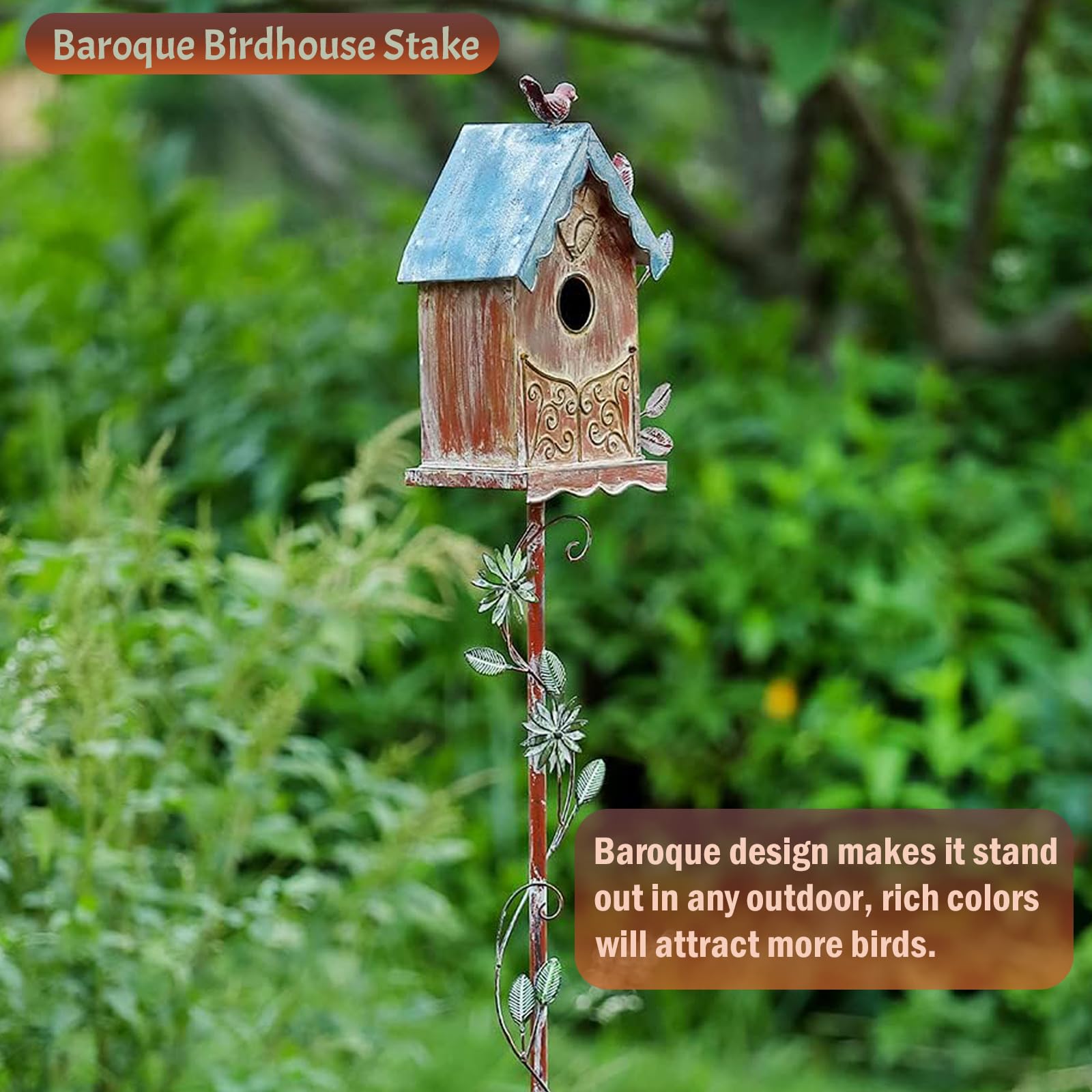 MOCOME birdhouse stake in garden for scale, provides tall decorative presence