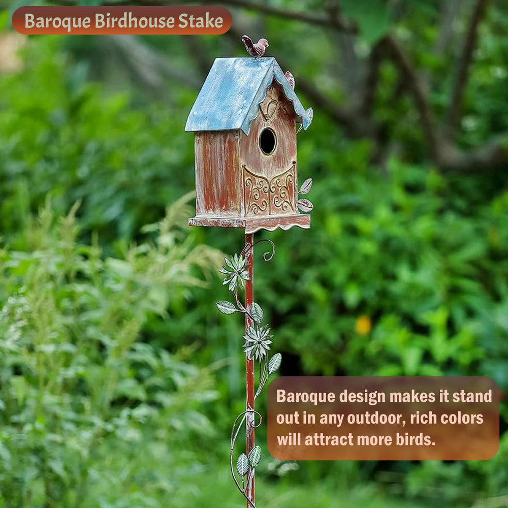 MOCOME birdhouse stake in garden for scale, provides tall decorative presence