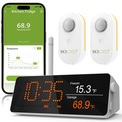 MOCREO H5Pro hub front display showing real-time readings and alerts, clear monitoring