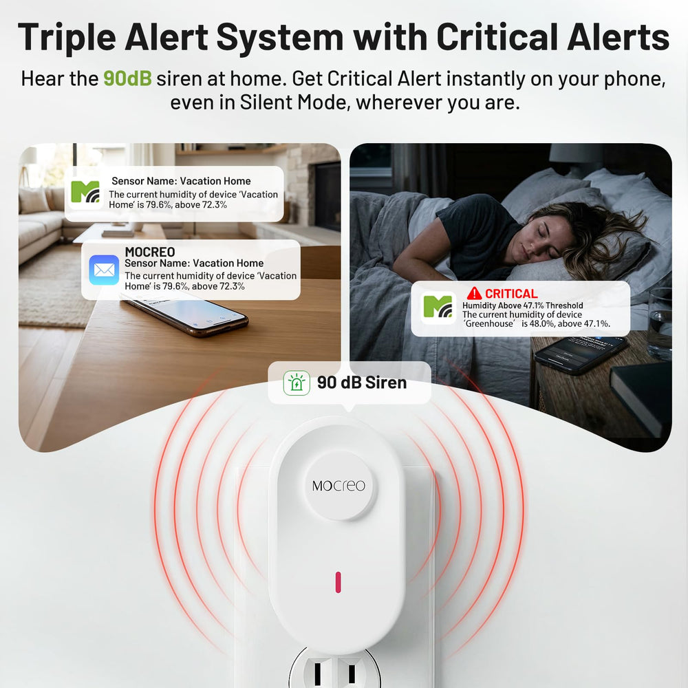 MOCREO hub sounding 90 dB alarm with night light for immediate local notification
