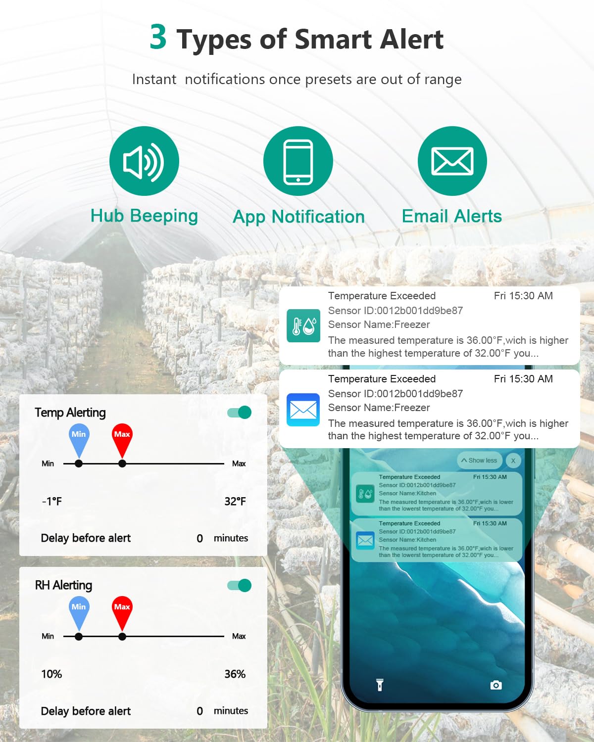 MOCREO ST9 sensor beside a MOCREO hub showing fast alerts and local alarm benefit