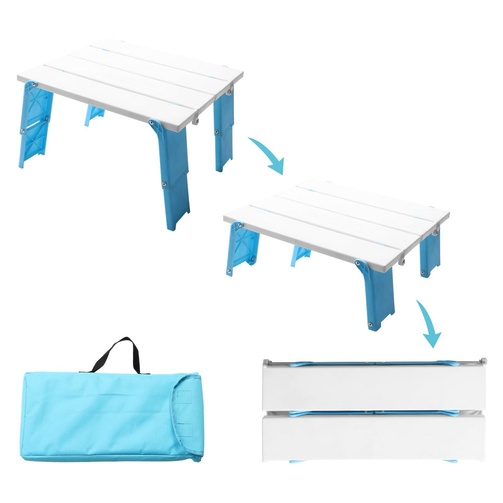 Modern-Depo front view of cyan folding table showing stable surface and compact footprint