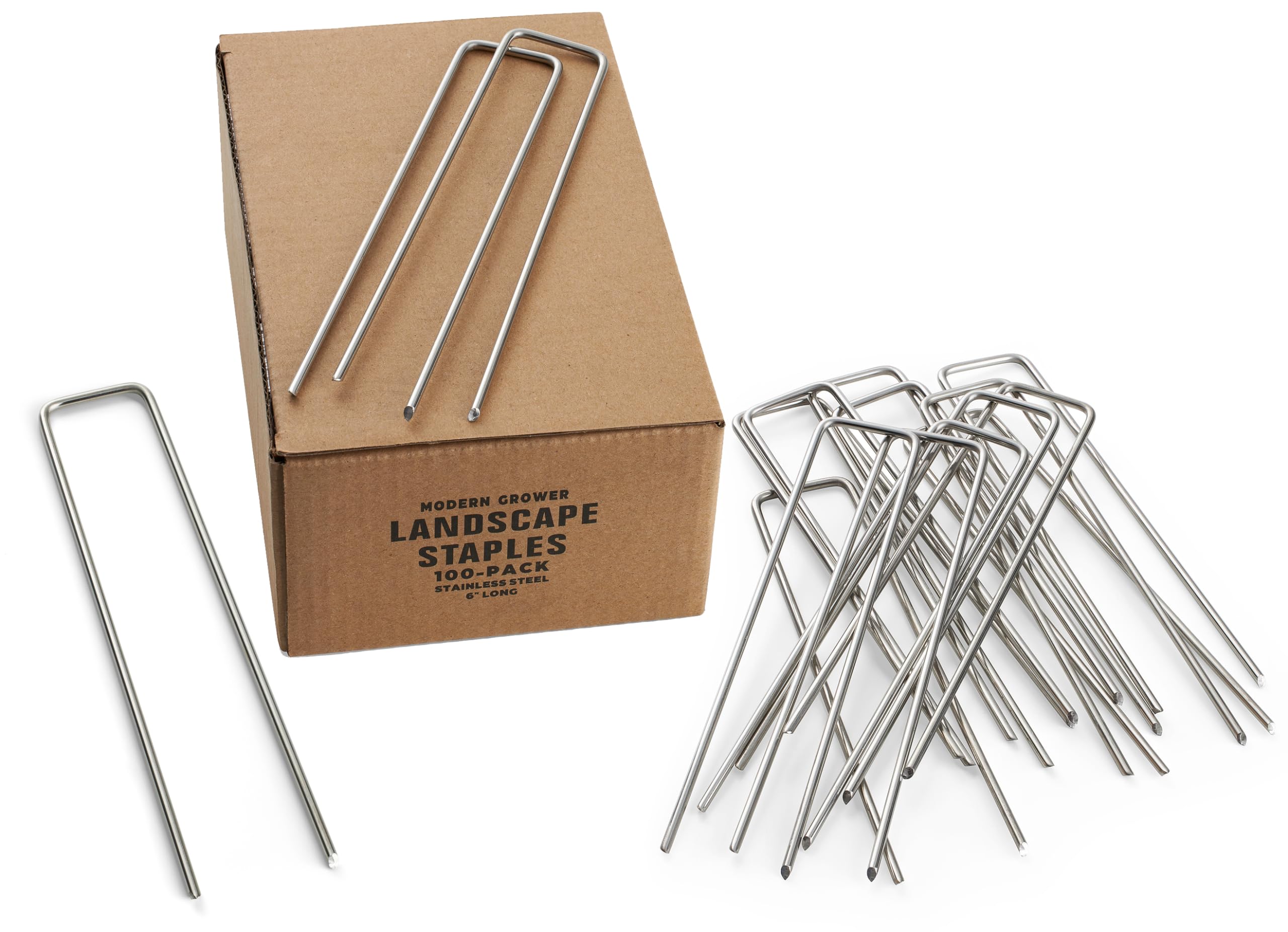 Modern Grower front pack of 100 stainless staples showing quantity and finish for durability