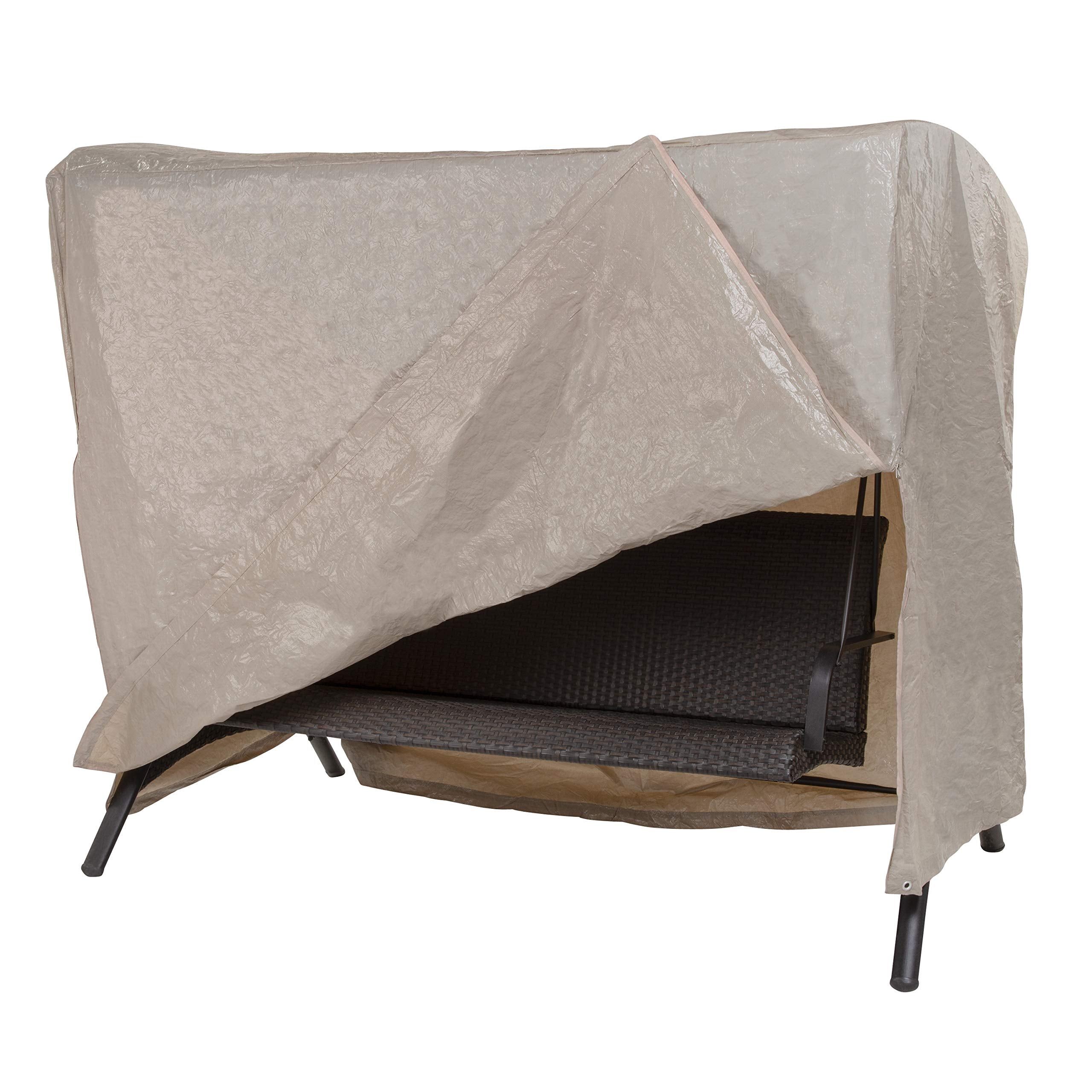 MODERN LEISURE front view of full swing cover showing fit and neutral beige finish protecting swing